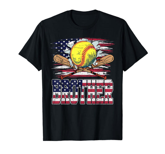 Softball Brother Vintage USA American Flag 4th Of July Women Kids Men T-Shirt