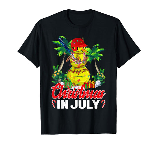 Funny Softball Santa Hat Hawaiian Christmas In July Summer T-Shirt