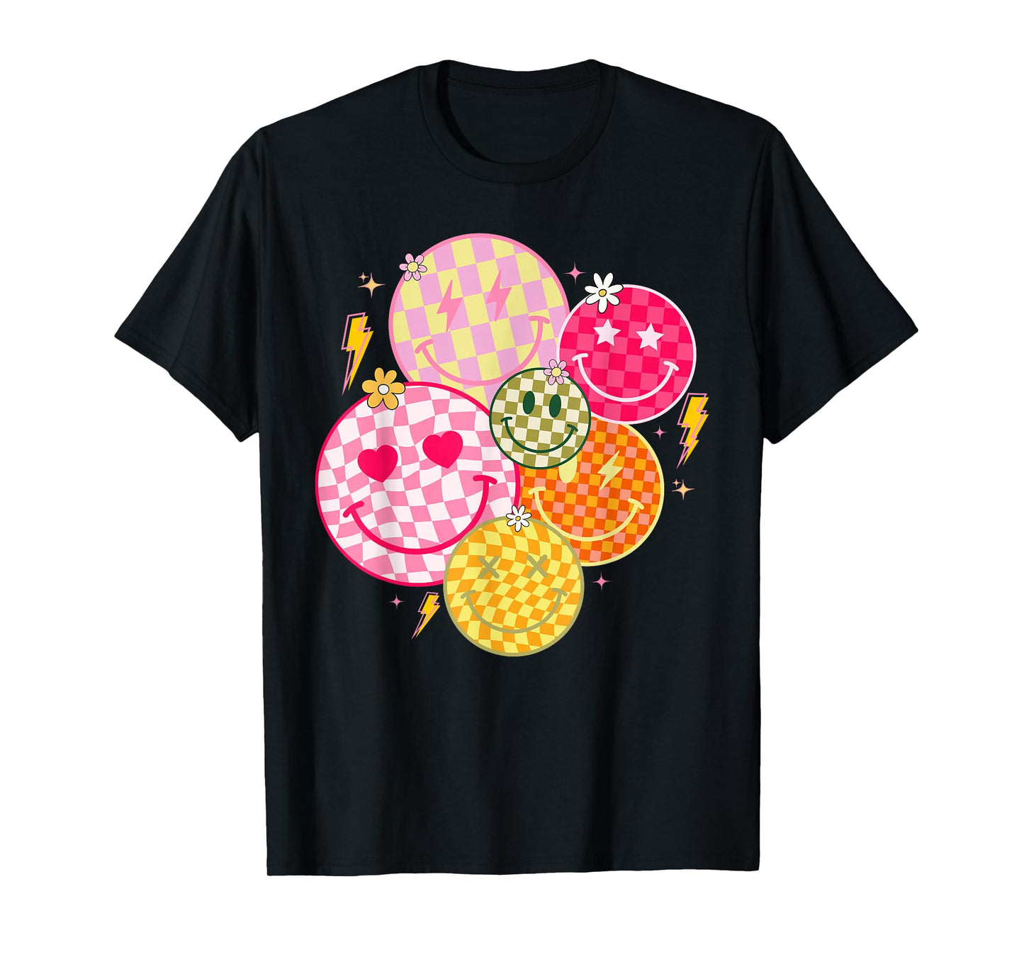 Retro Happy Face Shirt Checkered Pattern Smile Face Trendy T-Shirt