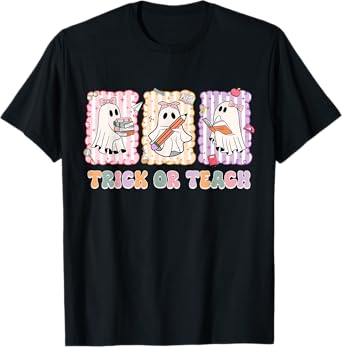Retro Trick Or Teach Halloween Ghosts Teacher Halloween T-Shirt