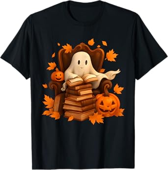 Vintage Ghost Book Reading Pumpkin Gothic Halloween Teachers T-Shirt