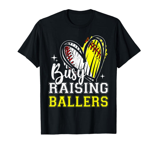 Busy Raising Ballers Heart Softball Baseball Mom T-Shirt