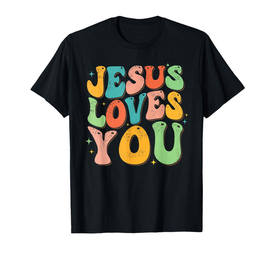 Jesus Loves You Retro Groovy Style Graphic Design Women T-Shirt