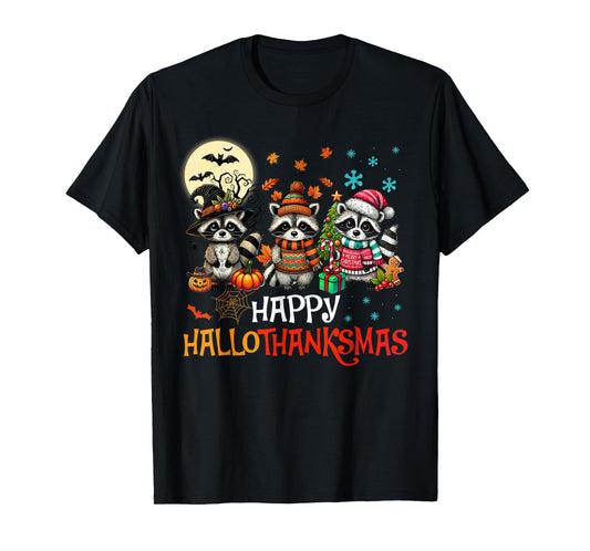 Happy Hallothanksmas Raccoon Lover Halloween Merry Christmas T-Shirt