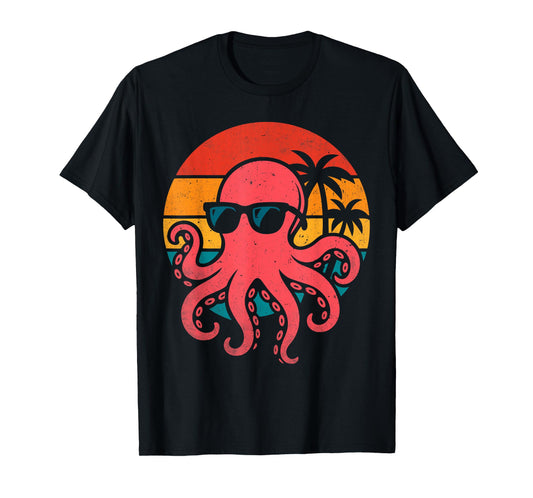 Cool Octopus With Sunglasses Retro Tropical Beach T-Shirt
