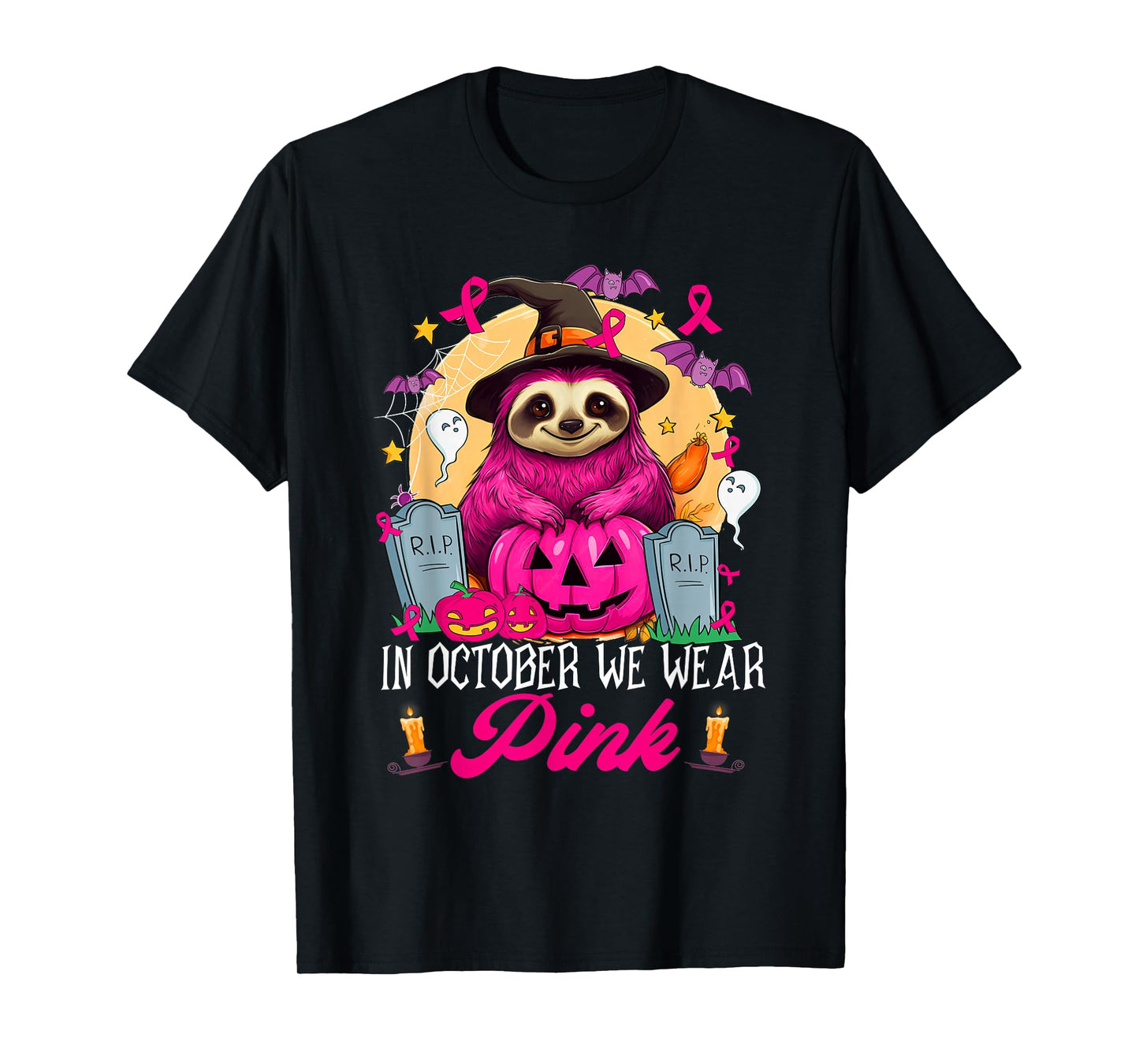 in October We Wear Pink Sloth Halloween Breast Cancer T-Shirt