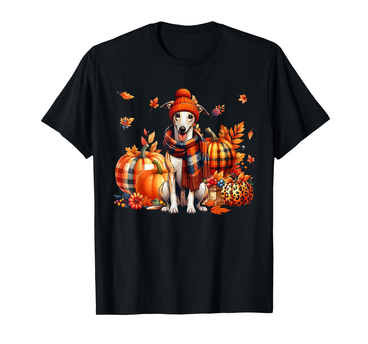 Whippet Thanksgiving Leopard Pumpkins Fall Leaves Lover T-Shirt