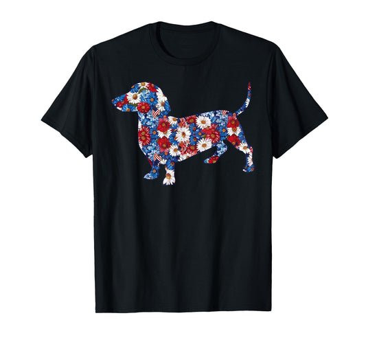 Cute Dachshund Flower Red White Blue US Flag 4th Of July T-Shirt
