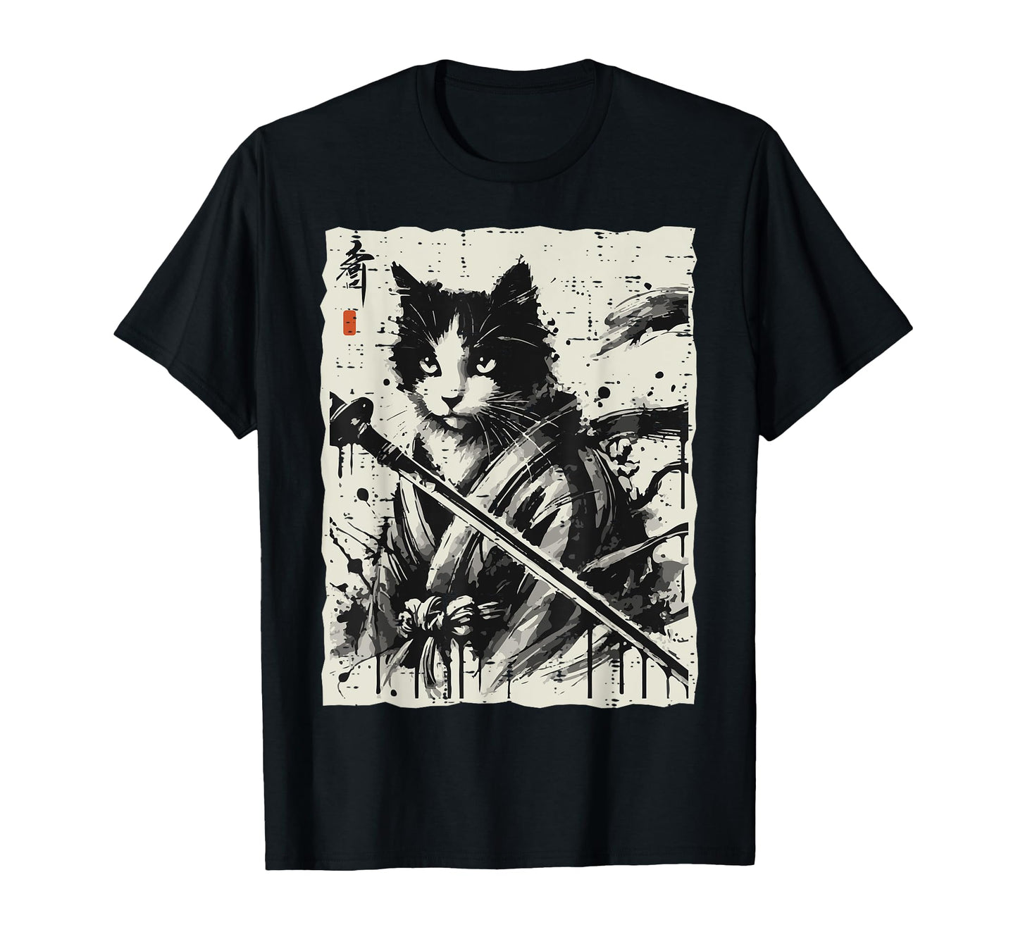Japanese Ink Cat Warrior Katana Vintage Art Women Men Kids T-Shirt