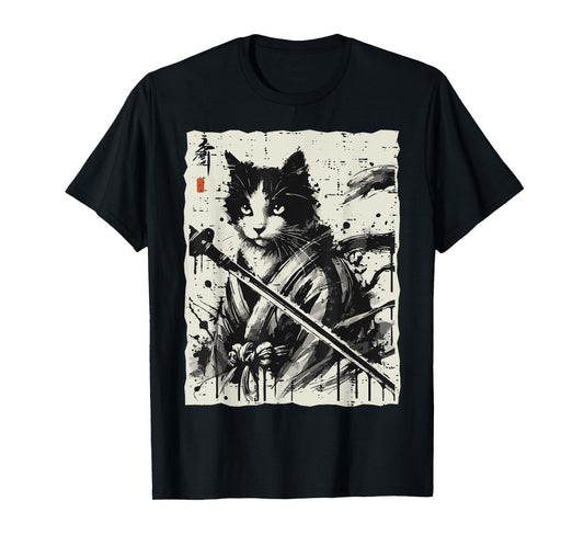 Japanese Ink Cat Warrior Katana Vintage Art Women Men Kids T-Shirt