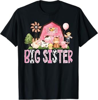 Big Sister Pink Farm Cow Birthday Girl Matching Family T-Shirt