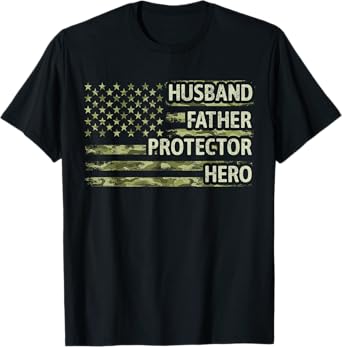 Mens Husband Father Protector Hero Camo American Flag Fathers Day T-Shirt