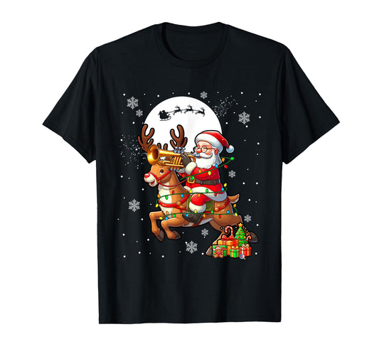 Santa Playing Trumpet On Reindeer Christmas Instrument T-Shirt