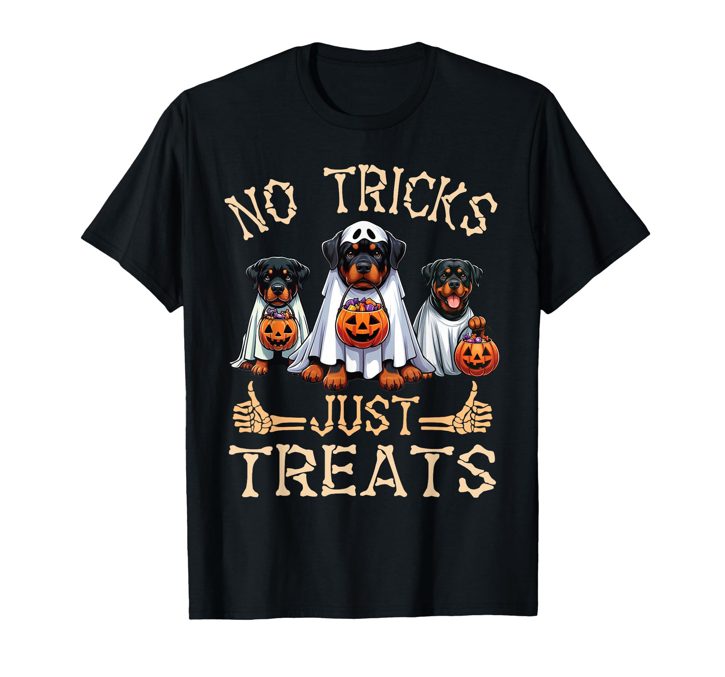 Rottweiler Dog Ghosts Pumpkin Candy No Tricks Just Treats T-Shirt