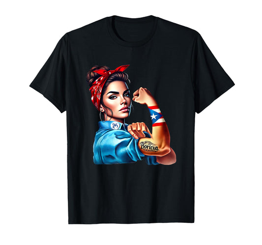 Boricua Tattoo Rosie Riveter Puerto Rico Flag Woman Coqui T-Shirt