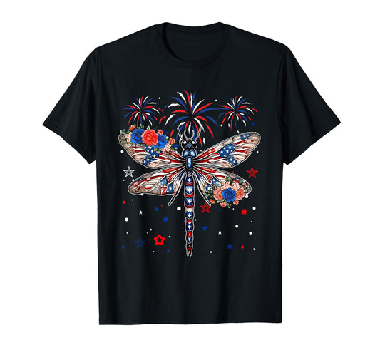 4th Of July US Flag Dragonfly Costume Flowers Animal Lover T-Shirt