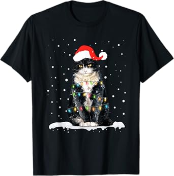 Funny Santa Cat Christmas Lights Holiday Gift Men Women Kids T-Shirt