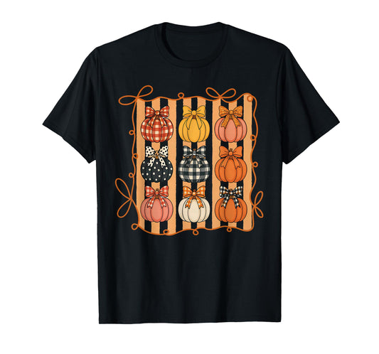 Coquette Bow Pumpkin Season Autumn Fall Leaves Thanksgiving T-Shirt