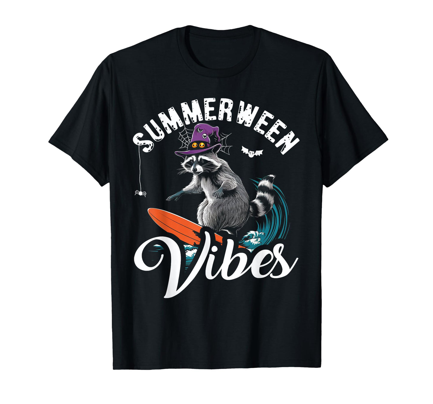 Summerween Vibes Raccoon Surfing Summer Halloween Vacation T-Shirt