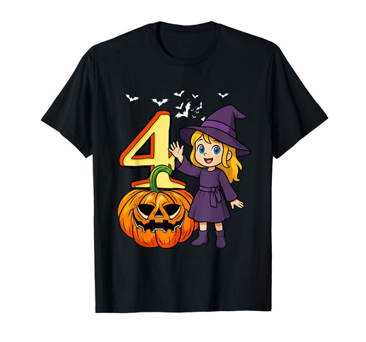 4 Halloween Cute Witch 4th Birthday Horror Carved Pumpkin T-Shirt