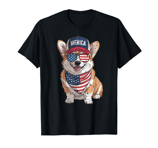 Corgi 4th of July US American Flag Dog Patriotic Men Women Kids T-Shirt