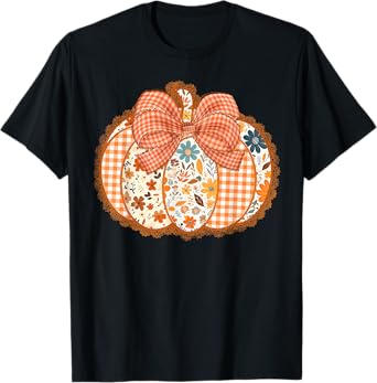 Coquette Bow Pumpkin Season Thanksgiving Autumn Fall Leaves T-Shirt