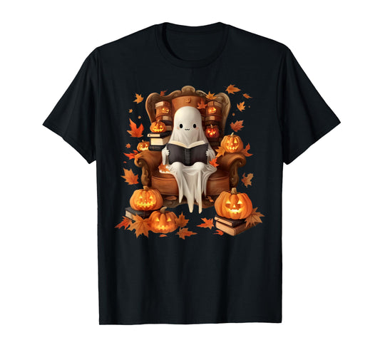 Vintage Ghost Book Reading Pumpkin Gothic Halloween Teachers T-Shirt for Men Women Kids