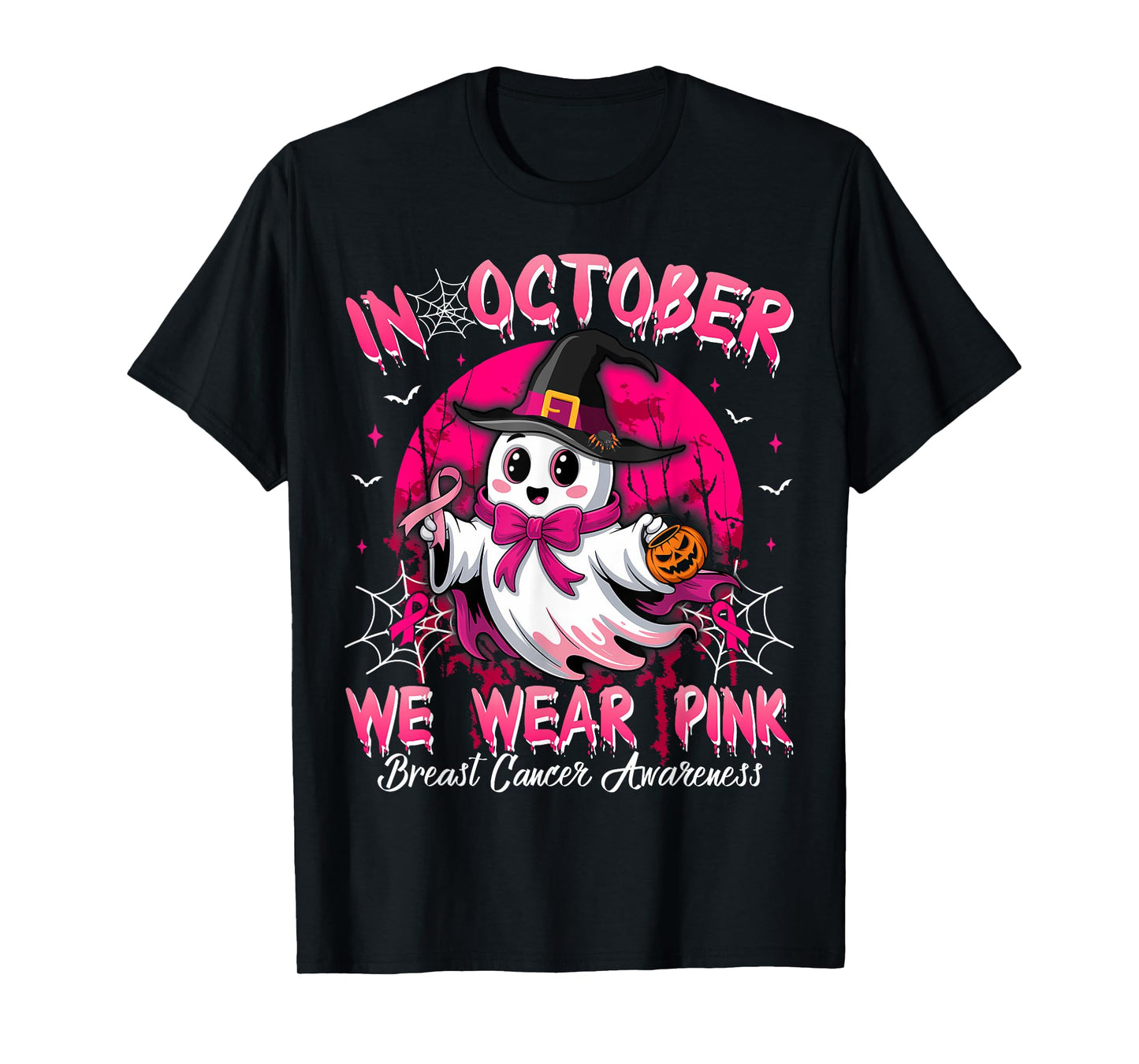 In October We Wear Pink Ghost Witch Breast Cancer Awareness T-Shirt