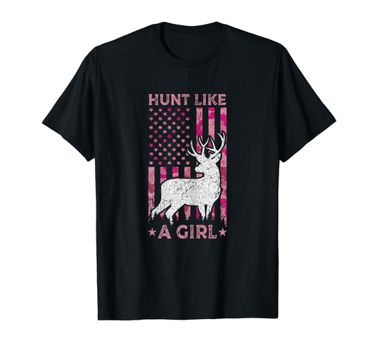 Pink Camo USA Flag Patriotic Deer Hunting Hunt Like A Girl T-Shirt