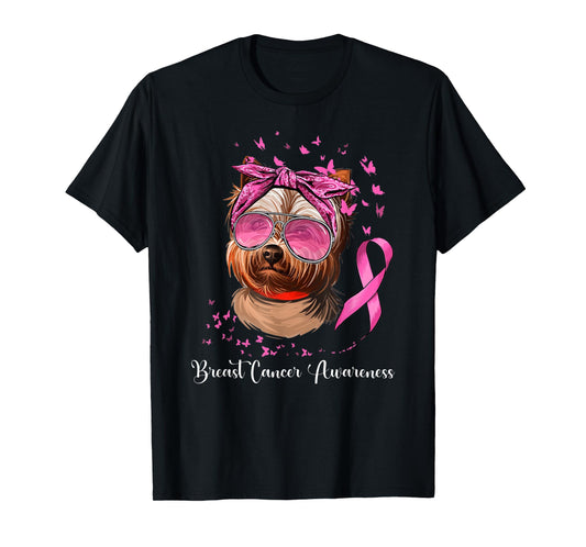 Yorkie Dog Lover Pink Ribbon Breast Cancer Awareness T-Shirt
