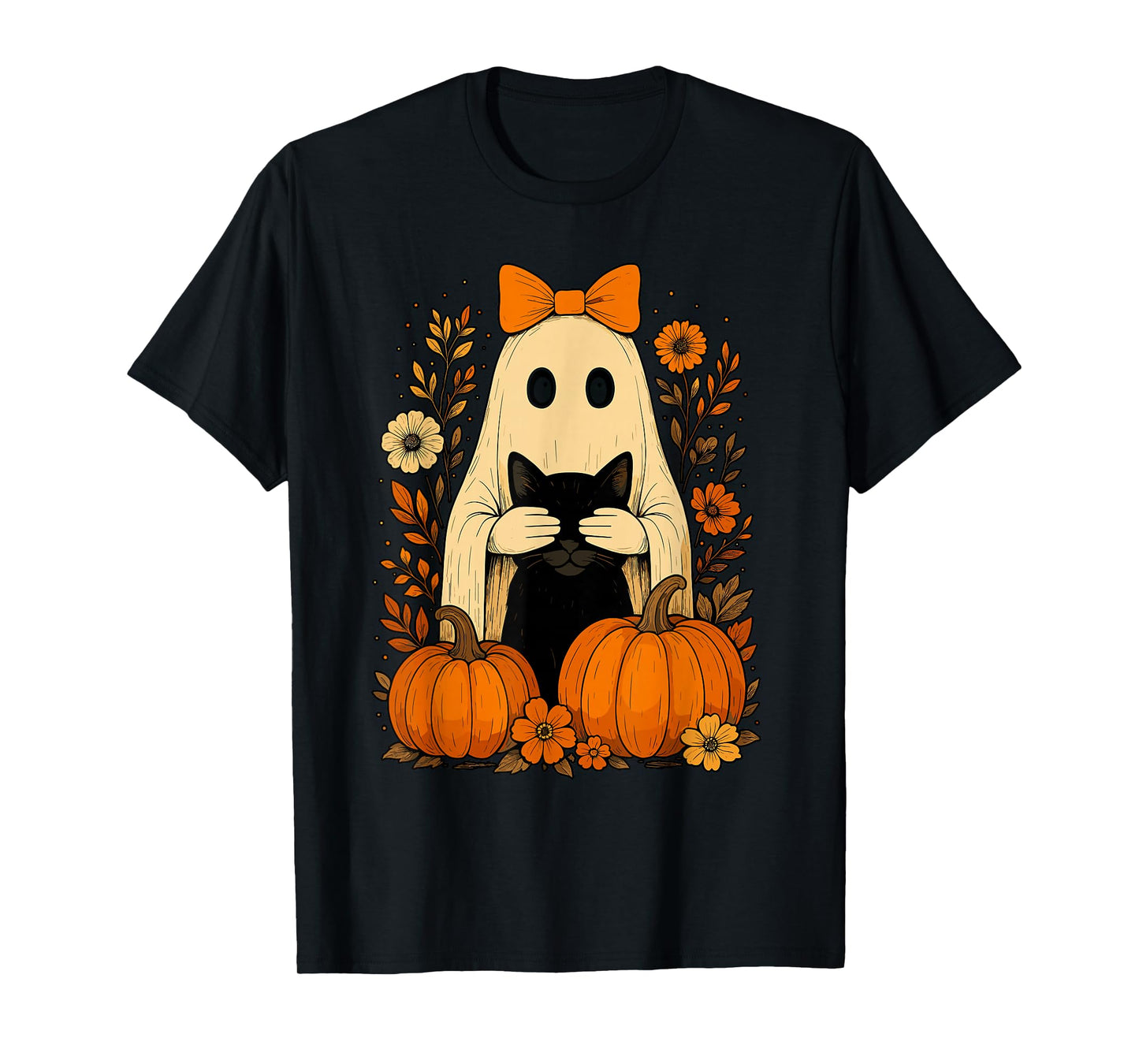Funny Ghost Bow Holding Black Cat Fall Halloween T-Shirt