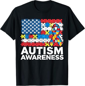Autism Awareness Mom Dad USA flag Autism Awareness Month T-Shirt