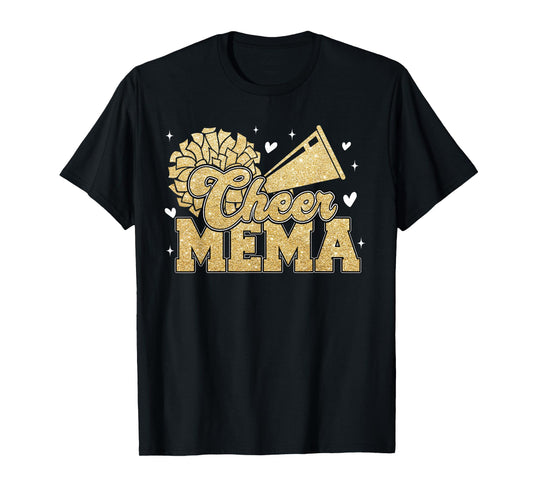 Cheer Mema Biggest Fan Cheerleader Black Yellow Gold Pom Pom T-Shirt