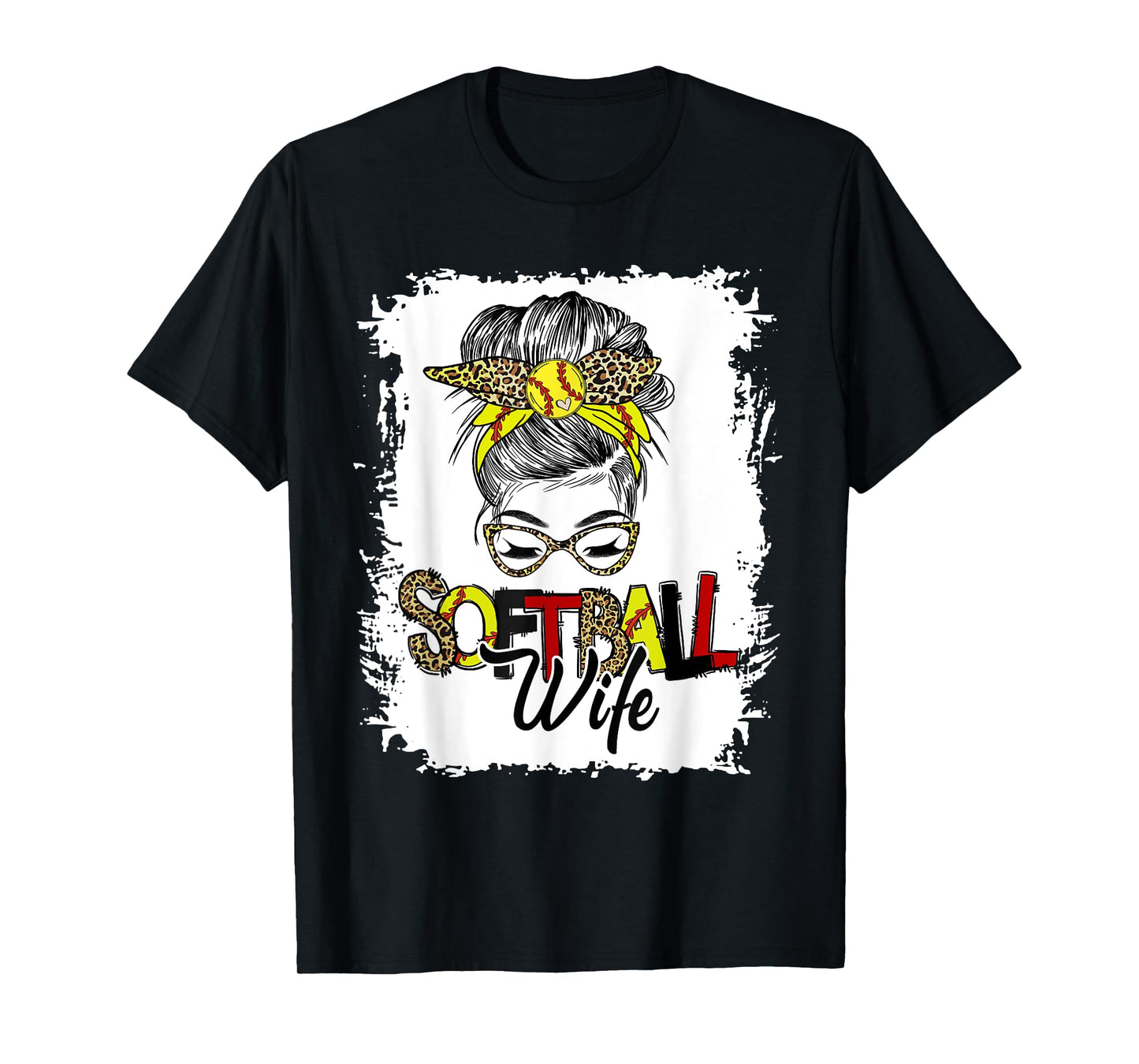 Softball Wife Life With Leopard Messy Bun Mother's Day T-Shirt