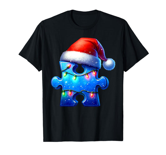 Puzzle Piece Santa Hat Autism Awareness Autistic Christmas T-Shirt