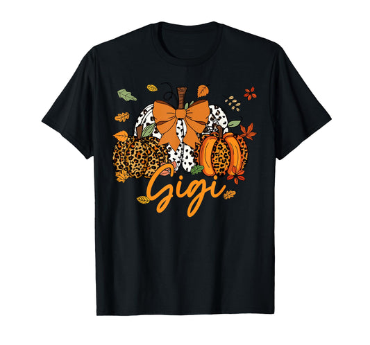 Gigi Thanksgiving Leopard Pumpkin Coquette Bow Mom Grandma T-Shirt