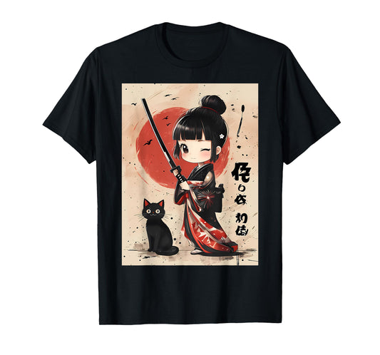Cute Kawaii Samurai Girl with Katana Cat Japanese Anime T-Shirt
