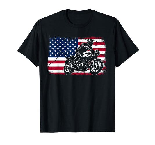 American Flag Biker Motorcycle USA Flag 4th of July Boys Men T-Shirt