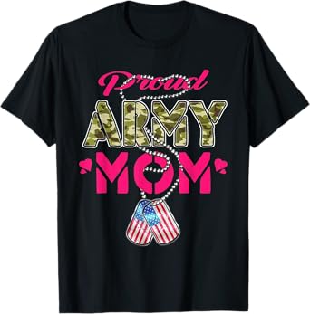 Proud Army Mom US Flag Camo Dog Tags Military Mother T-Shirt for Men Women Kids