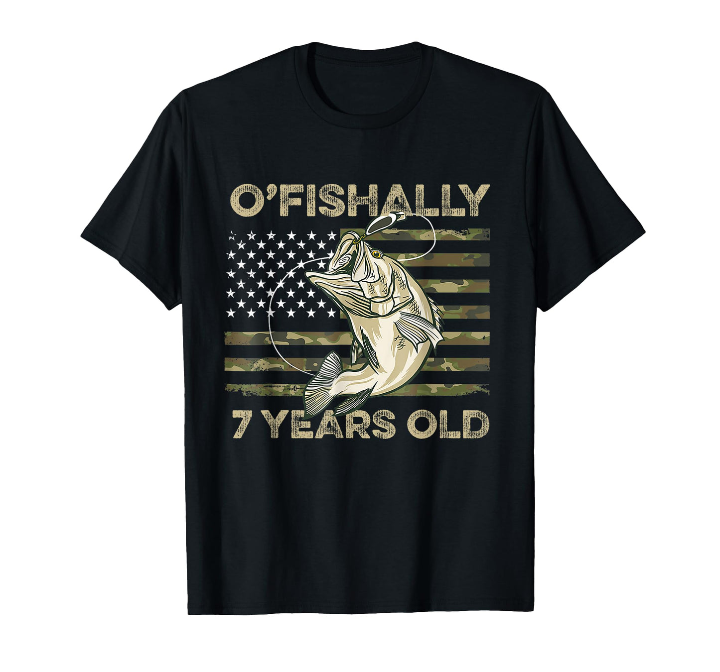 Ofishally 7 Year Old Shirt 7th Birthday US Flag Fishing T-Shirt