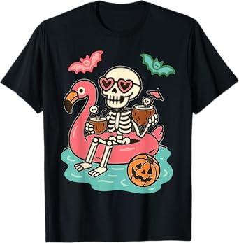 Funny Summerween Skeleton Floating in Flamingo Cute Spooky T-Shirt