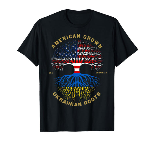 American Grown With Ukrainian Roots Tree Vintage USA Flag T-Shirt for Women Kids Men