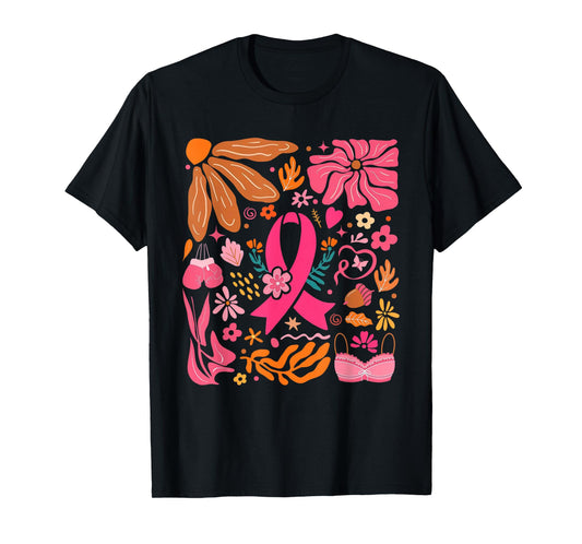 Pink Ribbon Wildflower Breast Cancer Awareness Support Women T-Shirt