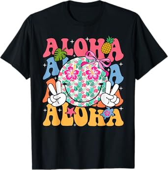 Aloha Hawaiian Cute Smile Face Shaka Hibiscus Kids Girls T-Shirt
