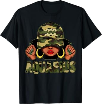 Aquarius Queen Black Woman With Cap Camo Afro Girl Zodiac T-Shirt