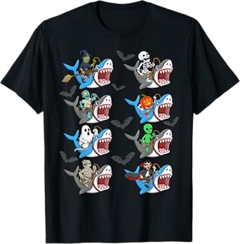 Halloween Skeleton Zombie Riding Shark Mummy Vampire Boys T-Shirt