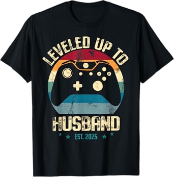 Leveled Up To Husband est 2025 Newly Married Gamer Bachelor T-Shirt