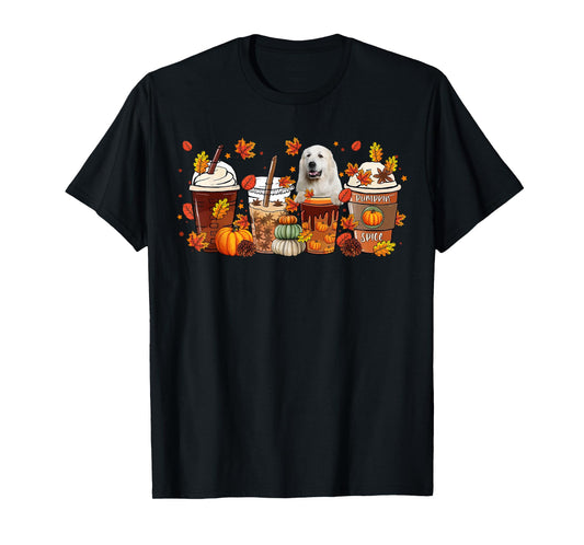 Cups Of Iced Latte & Great Pyrenees Fall Leaves Thanksgiving T-Shirt