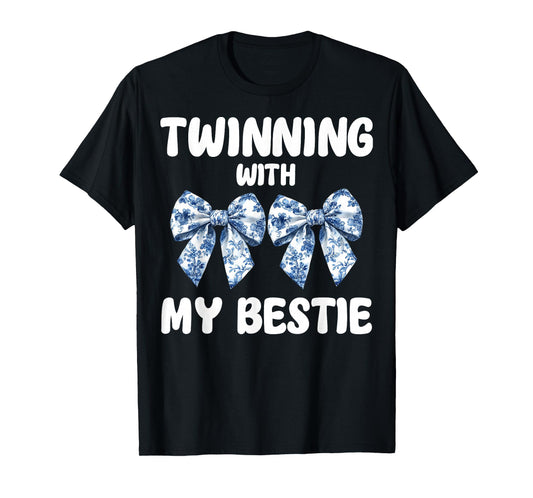 Cute Twinning With My Bestie Blue Toile Bow Coquette Bow T-Shirt