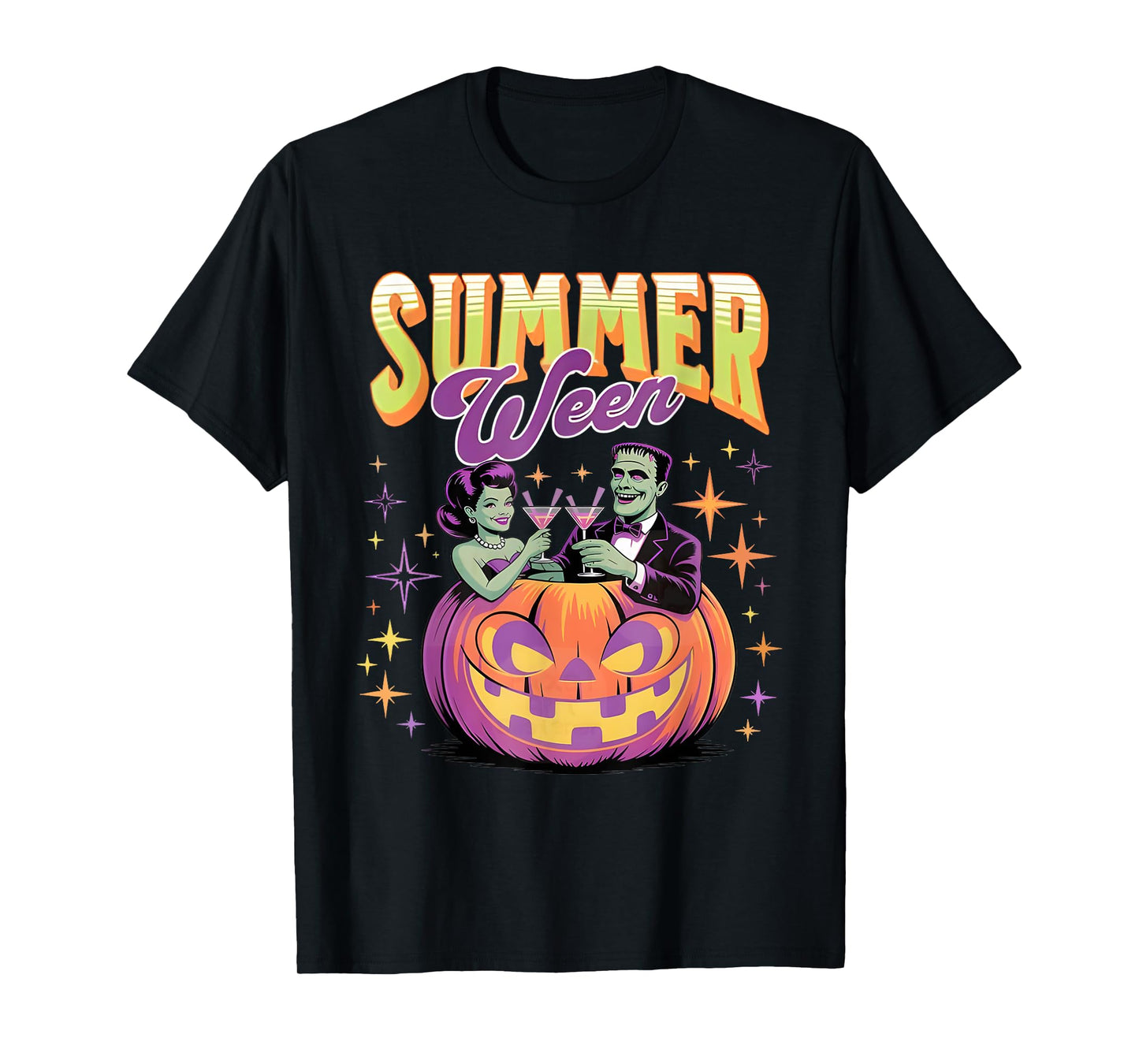 Retro Happy Summerween Funny Frankenstein Monster And Bride T-Shirt